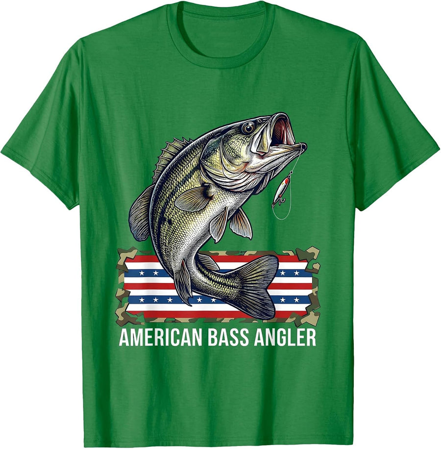 Men's American Bass Angler Patriotic Camo Fishing Humor Father's T-Shirt - Kelly Green