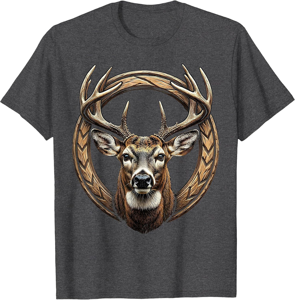 Whitetail Buck Head Straight-On Portrait Graphic T-Shirt - Dark Heather Grey