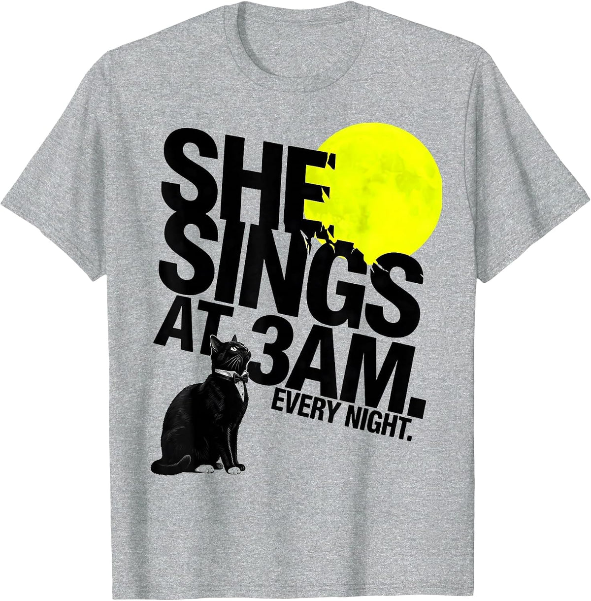 Men's She Sings At 3AM Every Night Tuxedo Cat Howling At Moon 90s T-Shirt - Heather Grey