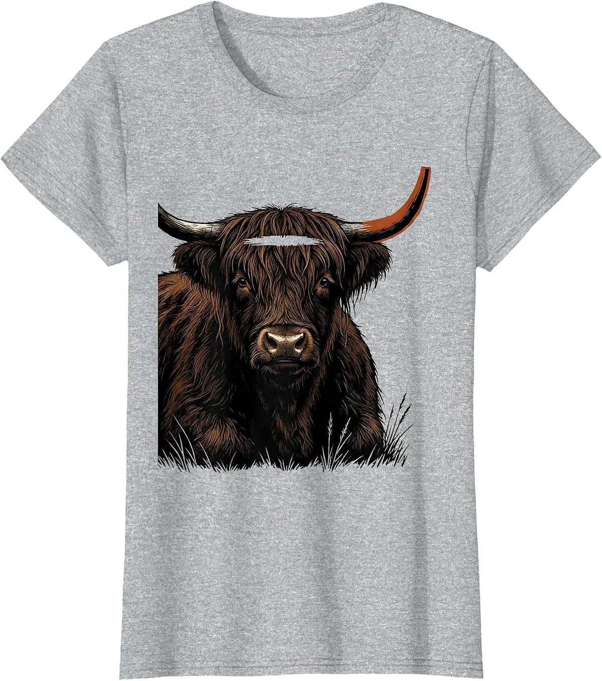 Women's Highland Cow Silhouette Linocut Cute Cow Lover Art T-Shirt - Heather Grey