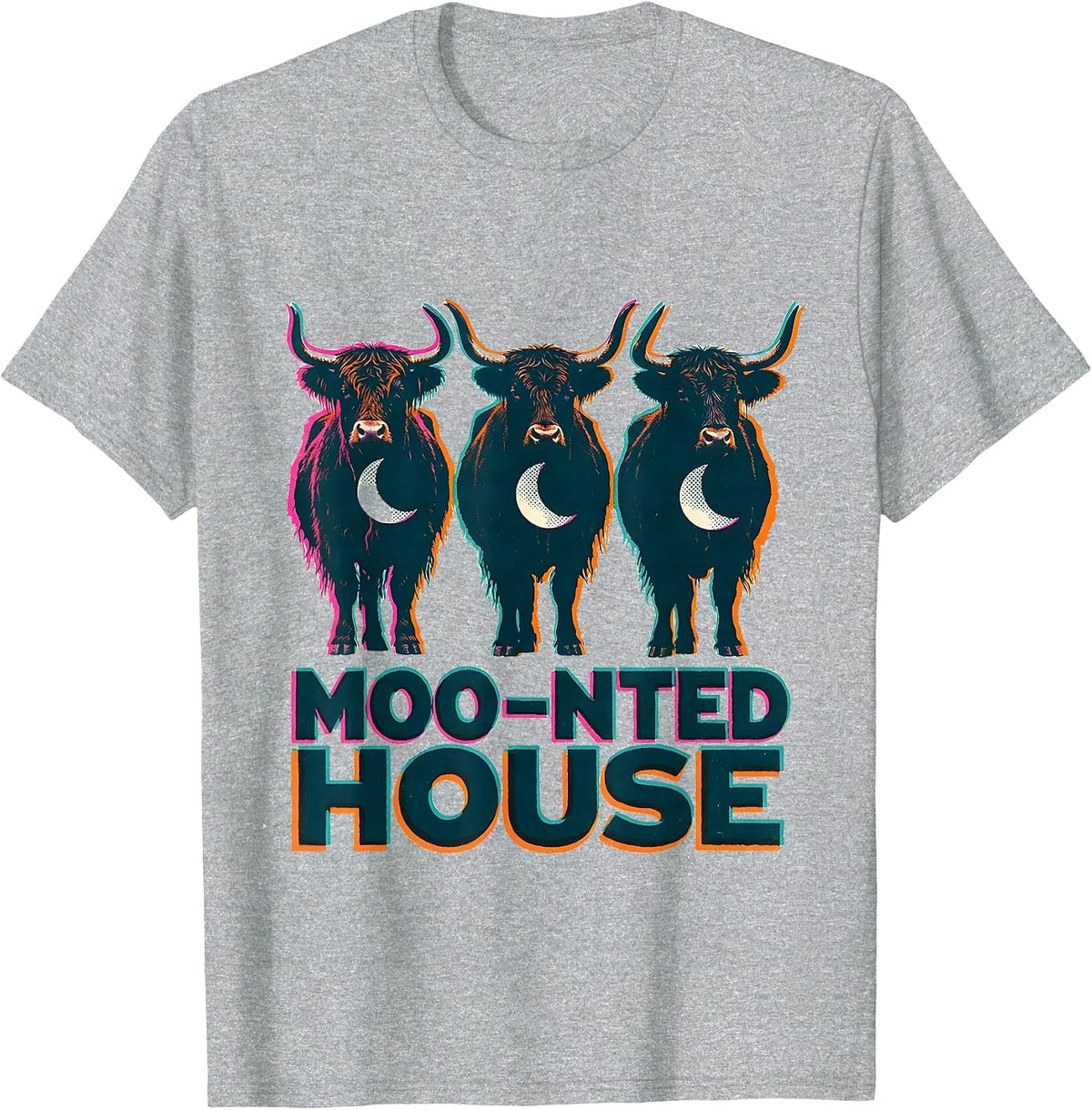 Men's Moo-nted House Risograph Highland Cow Halloween Humor T-Shirt - Heather Grey