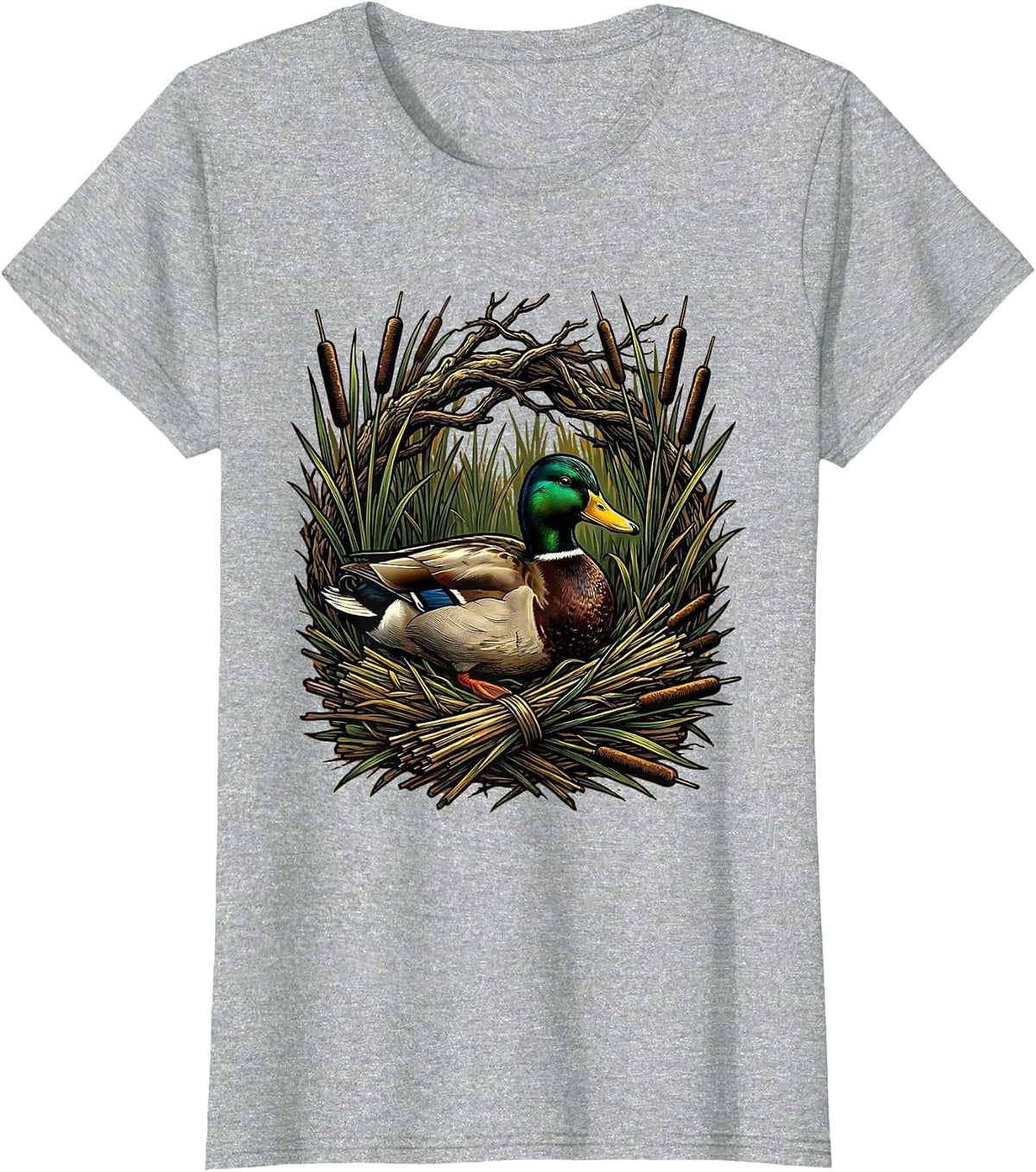 Women's Camo Duck Blind Cattails Hunting Illustration T-Shirt - Heather Grey