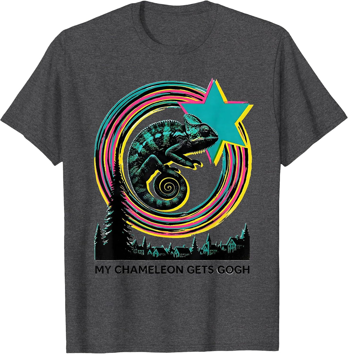 Men's My Chameleon Gets Gogh Risograph Funny Animal Lover Van Gogh T-Shirt - Dark Heather Grey