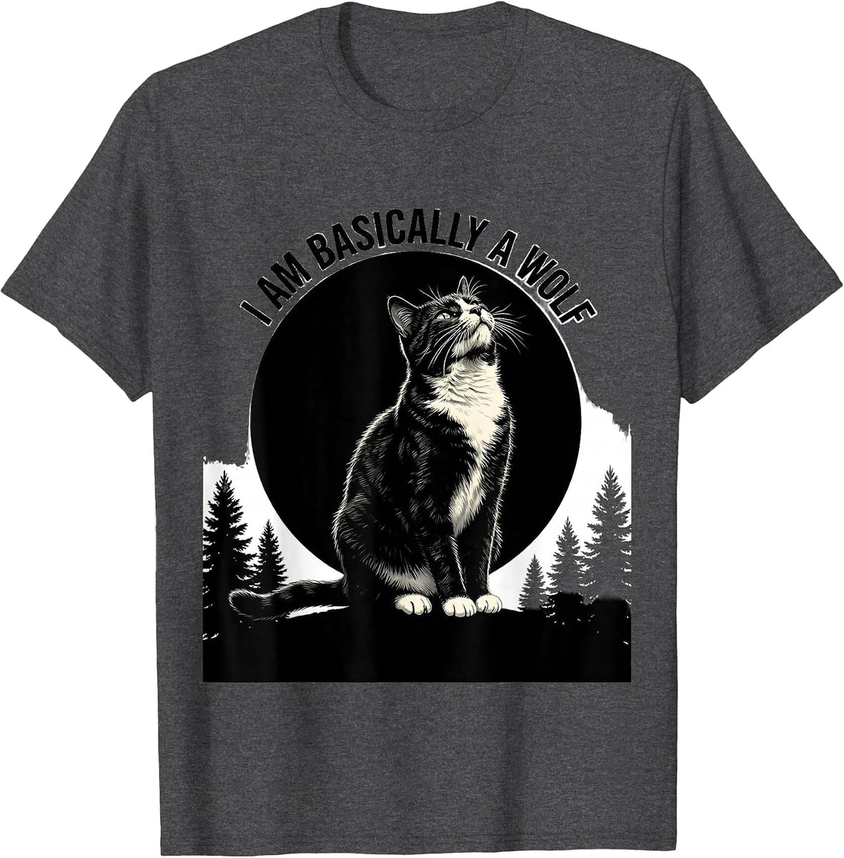 Men's I Am Basically a Wolf Tuxedo Cat Howling at Moon 90s Retro T-Shirt - Dark Heather Grey