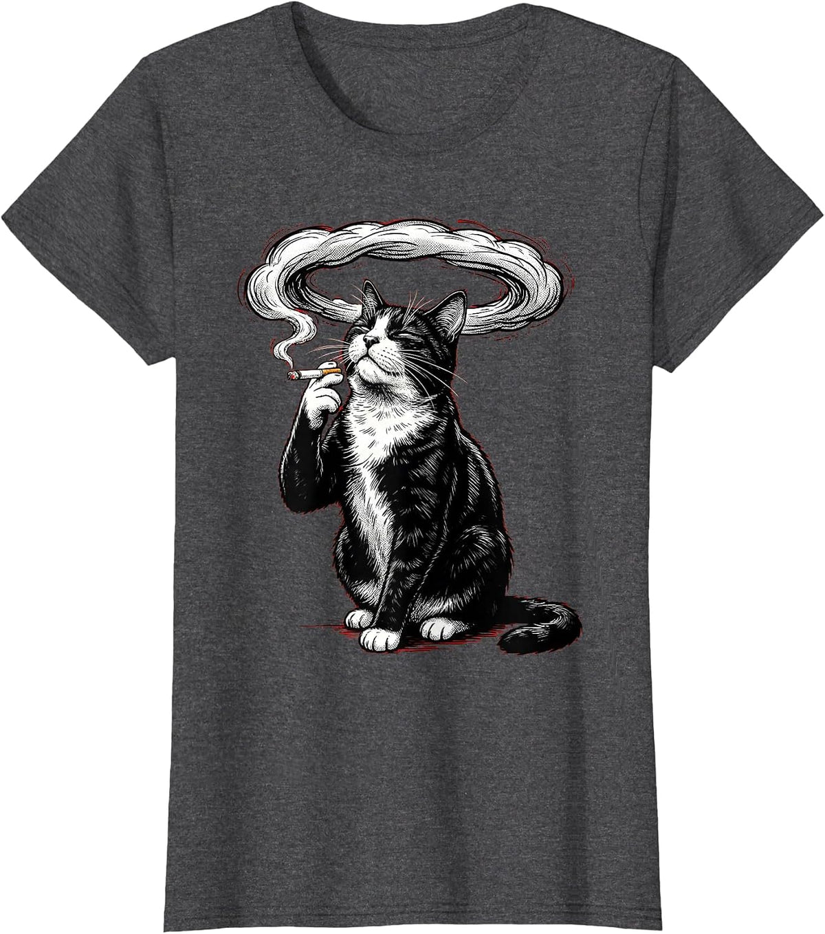 Women's Tuxedo Cat Smoking Dramatic Smoke Ring Art T-Shirt - Dark Heather Grey