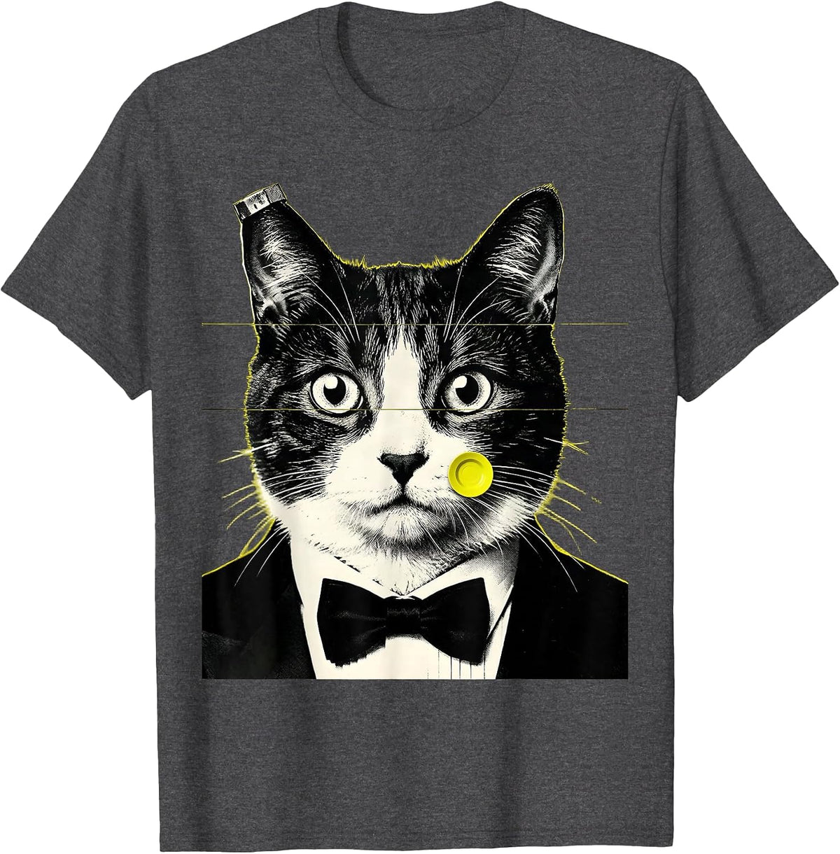 Men's Monumental Tuxedo Cat UFO Screenprint Poster Novelty T-Shirt - Dark Heather Grey