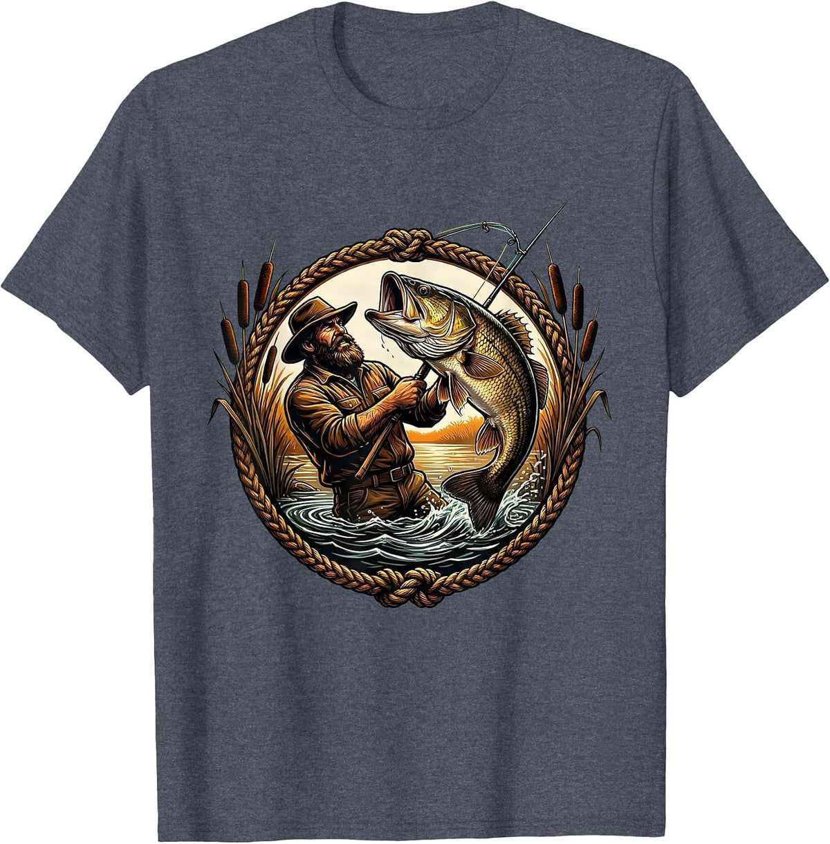 Bearded Fisherman Reeling In Giant Bass T-Shirt - Heather Blue