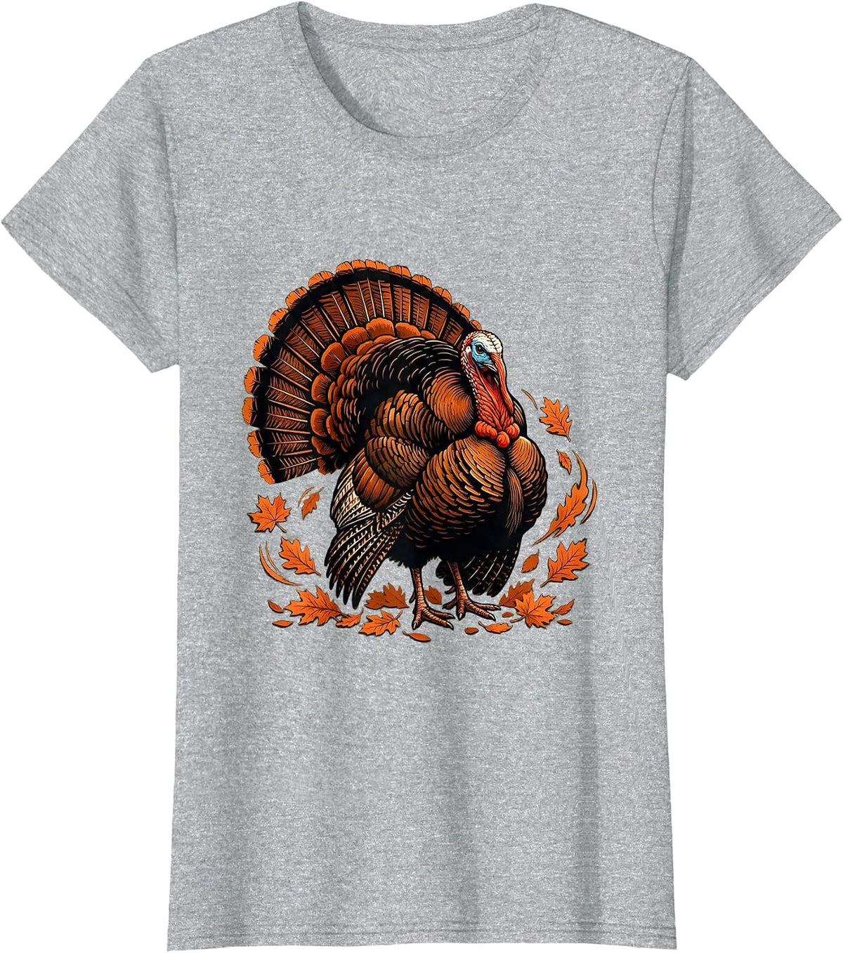 Wild Turkey Strutting Through Autumn Leaves T-Shirt - Heather Grey