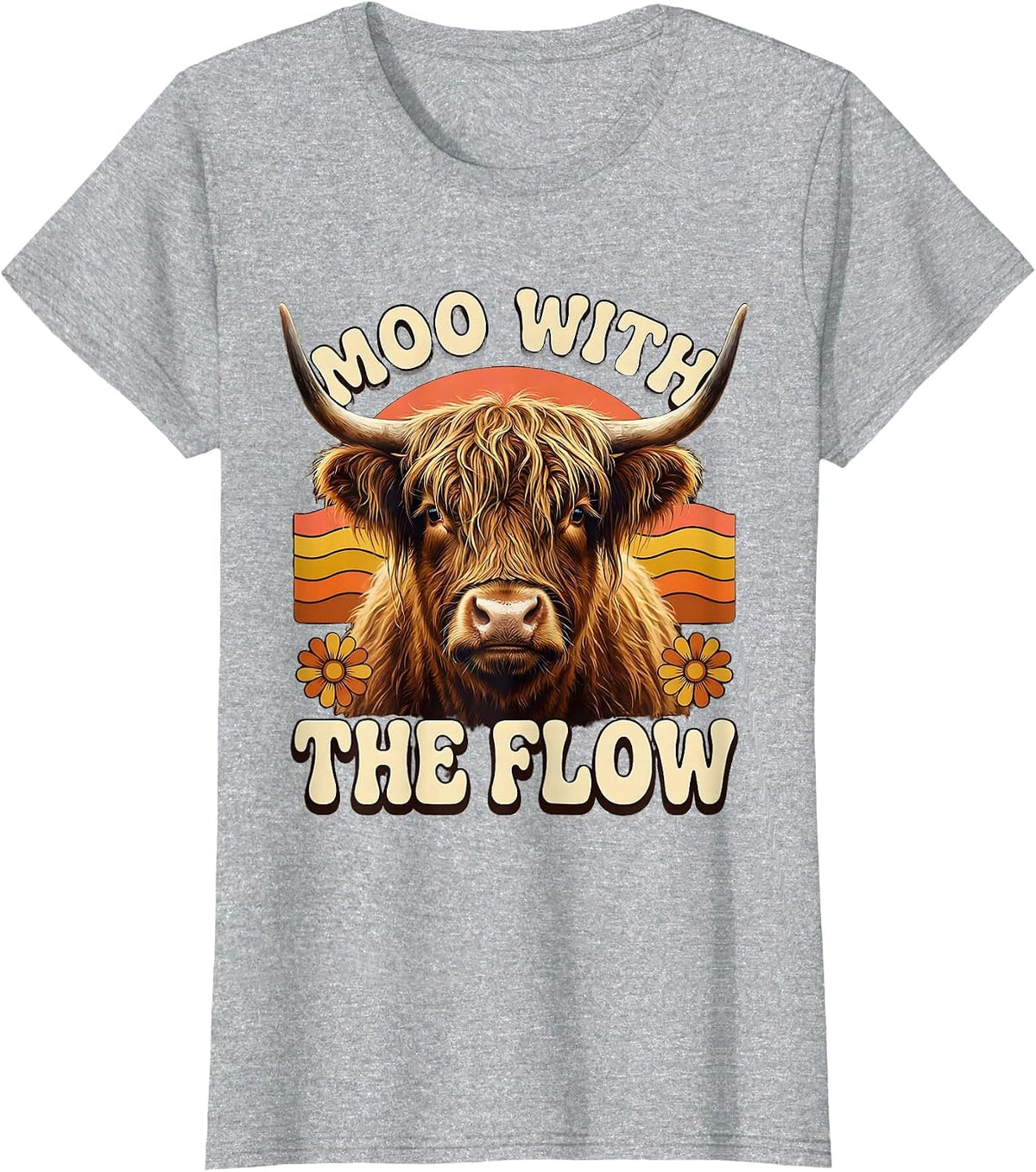 Moo With The Flow Retro 70s Highland Cow Farm Animal Humor T-Shirt - Heather Grey