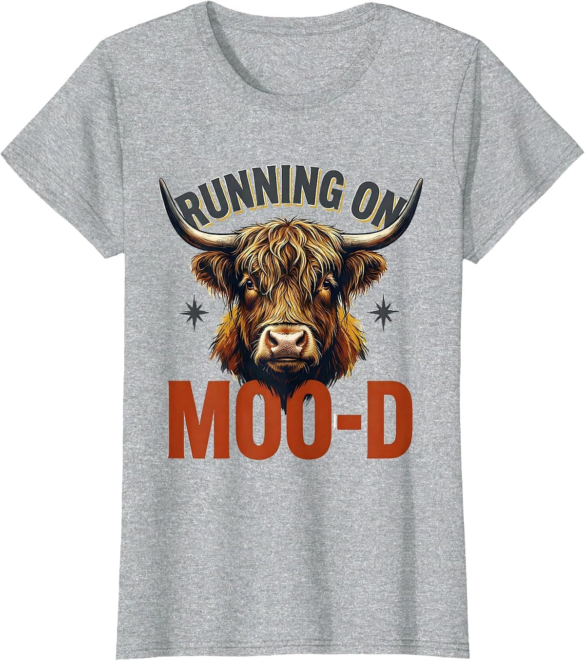 Women's Running On Moo-D Funny Highland Cow Farm Animal Humor T-Shirt - Heather Grey