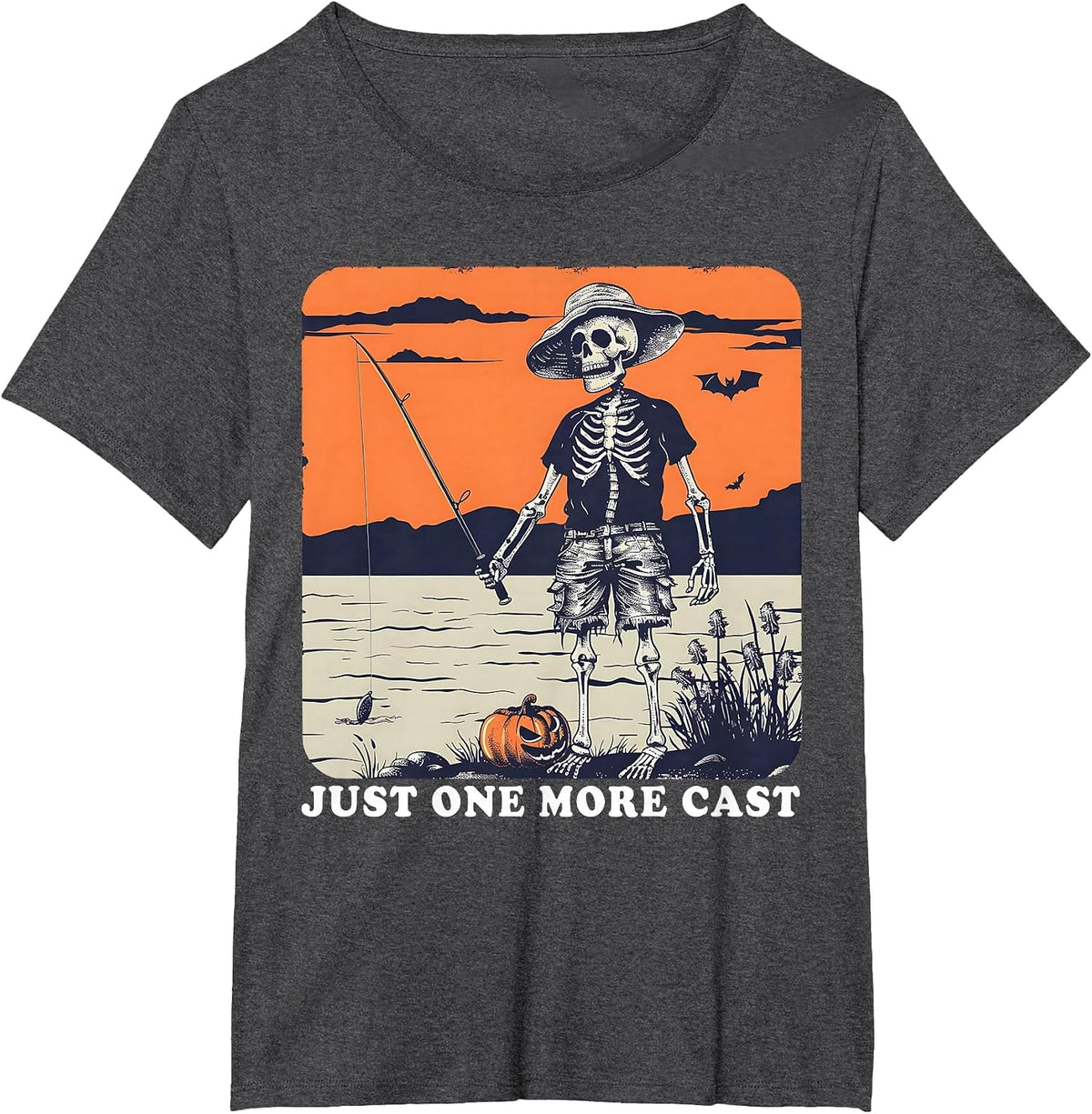 Funny Skeleton Fishing Tee Just One More Cast Quote T-Shirt - Dark Heather Grey