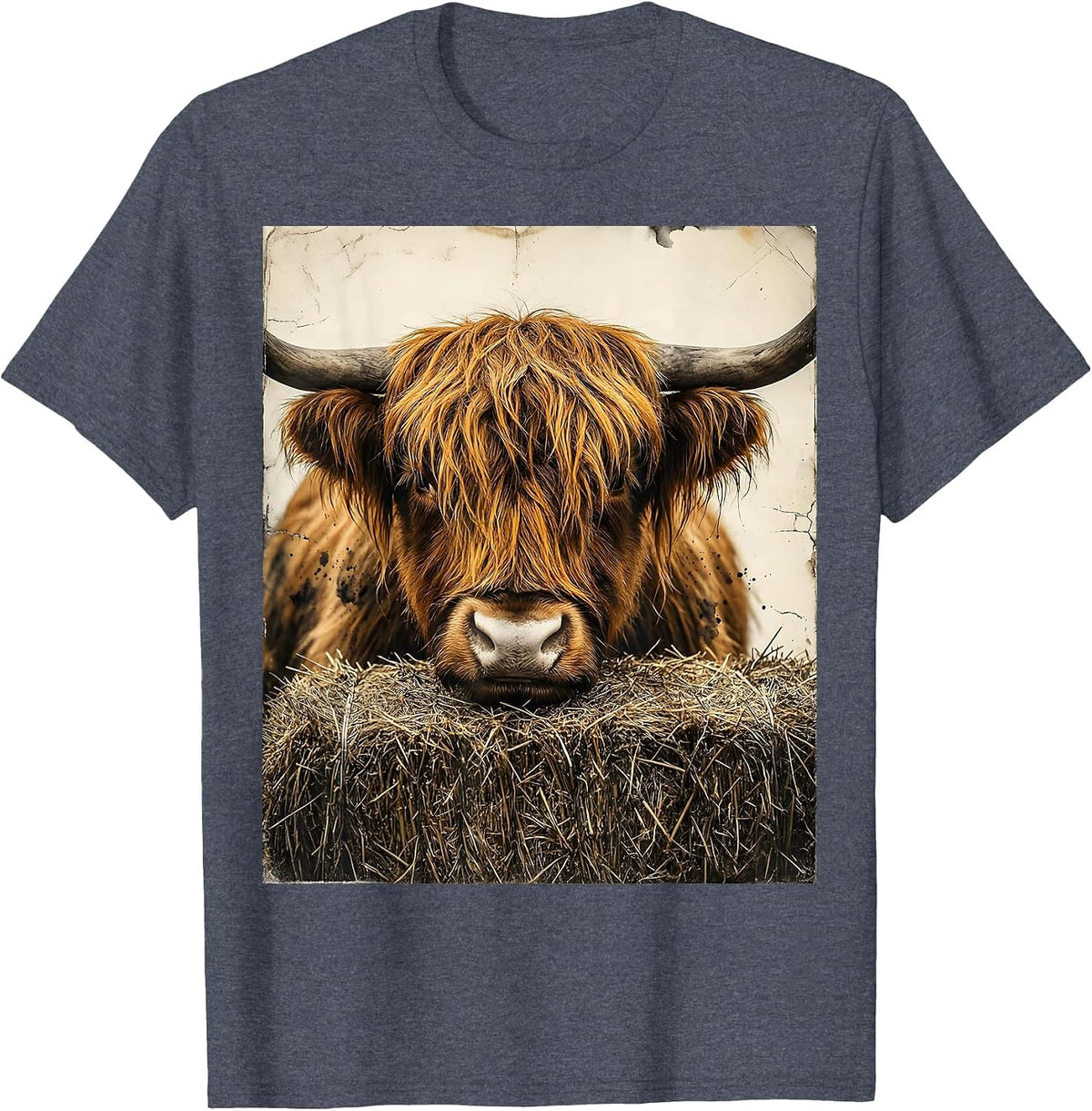 Shaggy Highland Cow Distressed Farm Animal Humor T-Shirt - Heather Blue