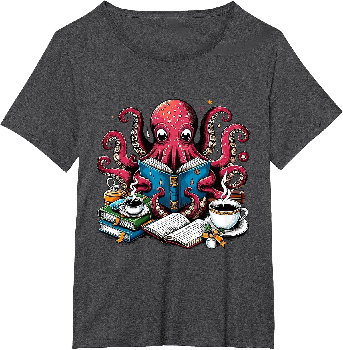 Octopus Reading Book Coffee Lover Bookaholic Bookworm Reader T-Shirt - Dark Heather Grey