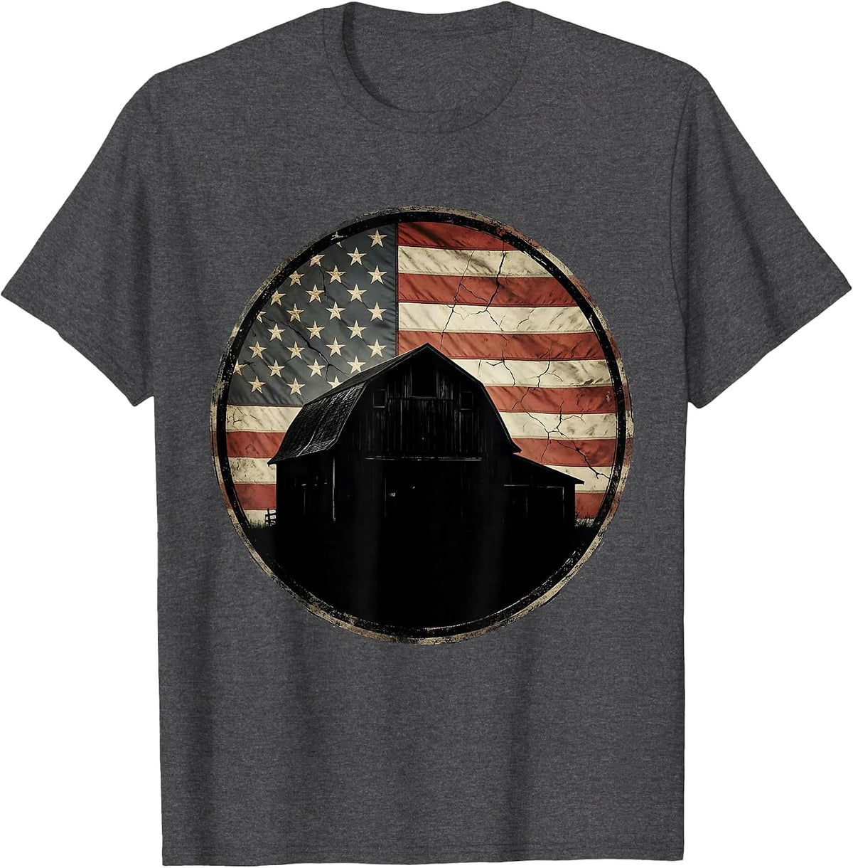 Weathered Barn American Flag Patriotic Design T-Shirt - Dark Heather Grey