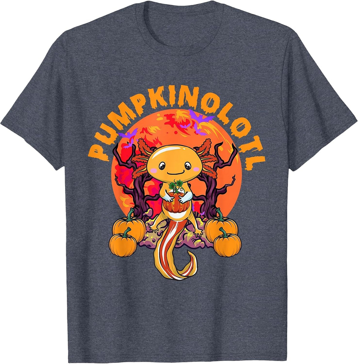 Halloween Axolotl Salamander Pumpkin Orange Pumpkinolotl T-Shirt - Heather Blue
