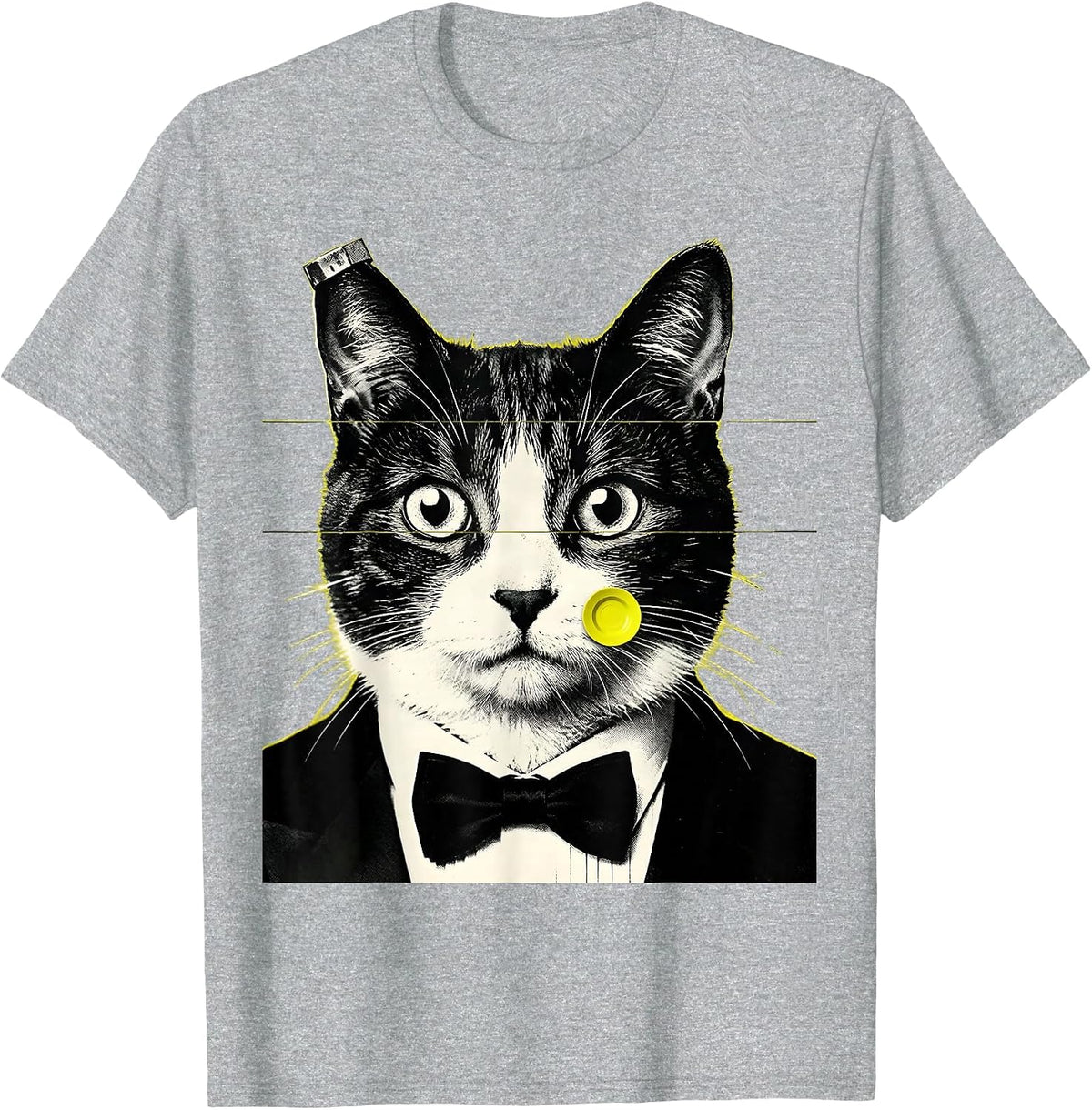 Men's Monumental Tuxedo Cat UFO Screenprint Poster Novelty T-Shirt - Heather Grey