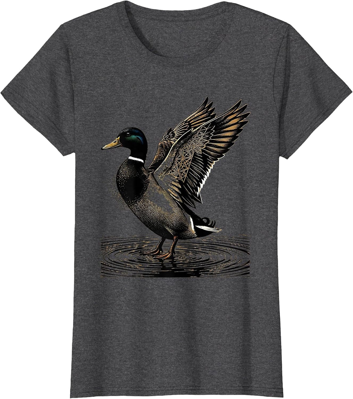 Women's Camo Mallard Duck Landing on Still Water T-Shirt - Dark Heather Grey