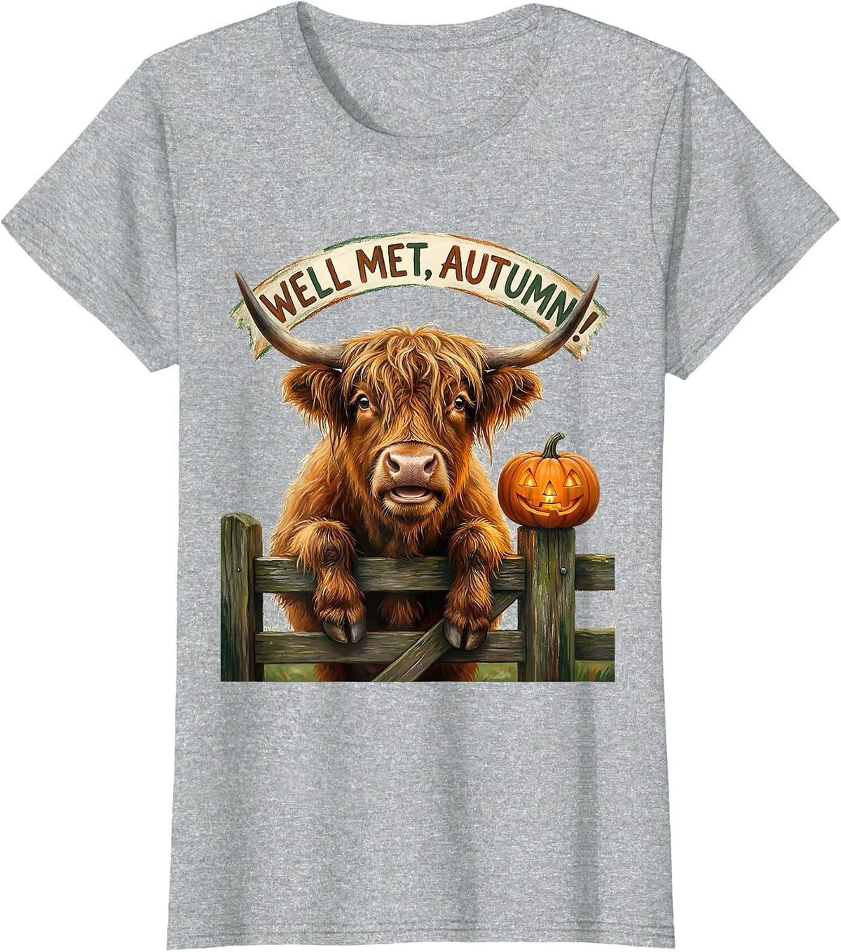 Well Met, Autumn! Storybook Highland Cow Fall Halloween T-Shirt - Heather Grey