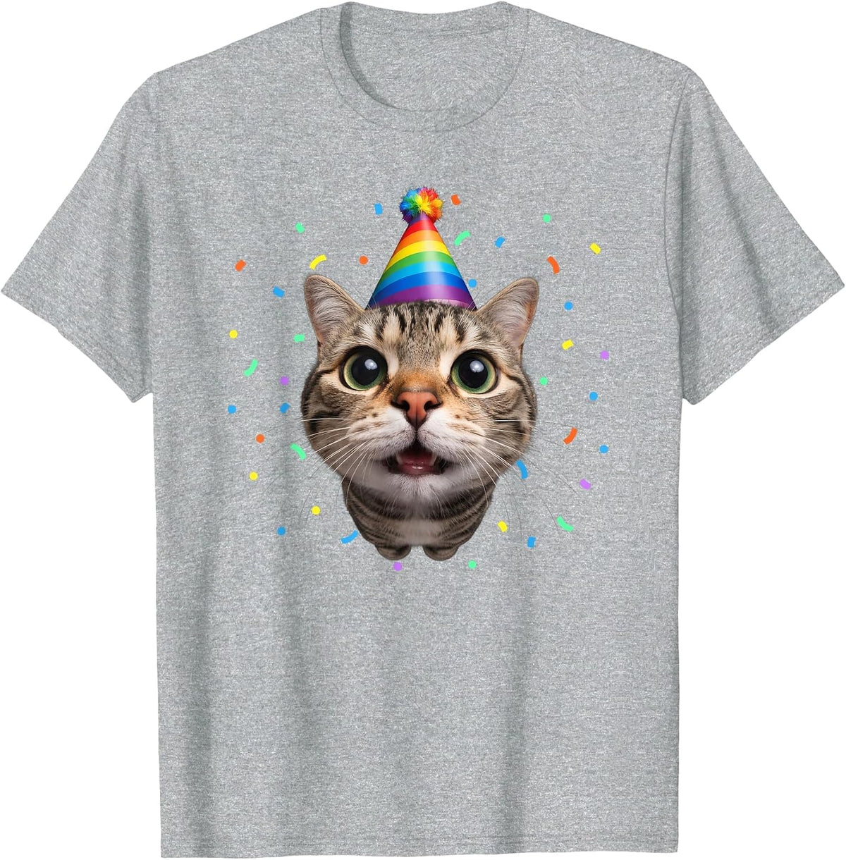 Funny Tabby Cat Face Rainbow Party Hat Cute Birthday Kitty T-Shirt - Heather Grey