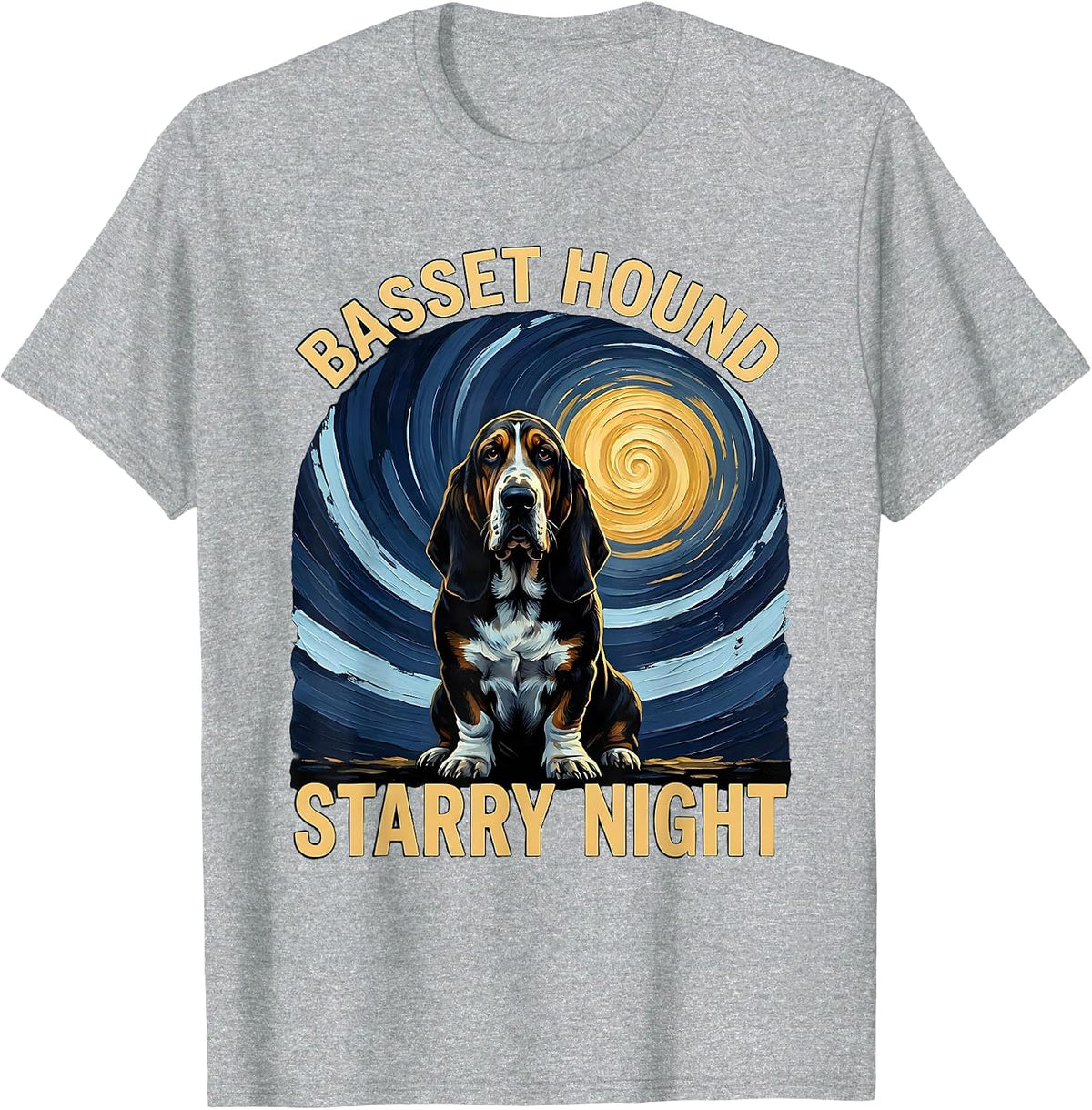 Men's Basset Hound Starry Night Whimsical Pet Lover Van Gogh T-Shirt - Heather Grey