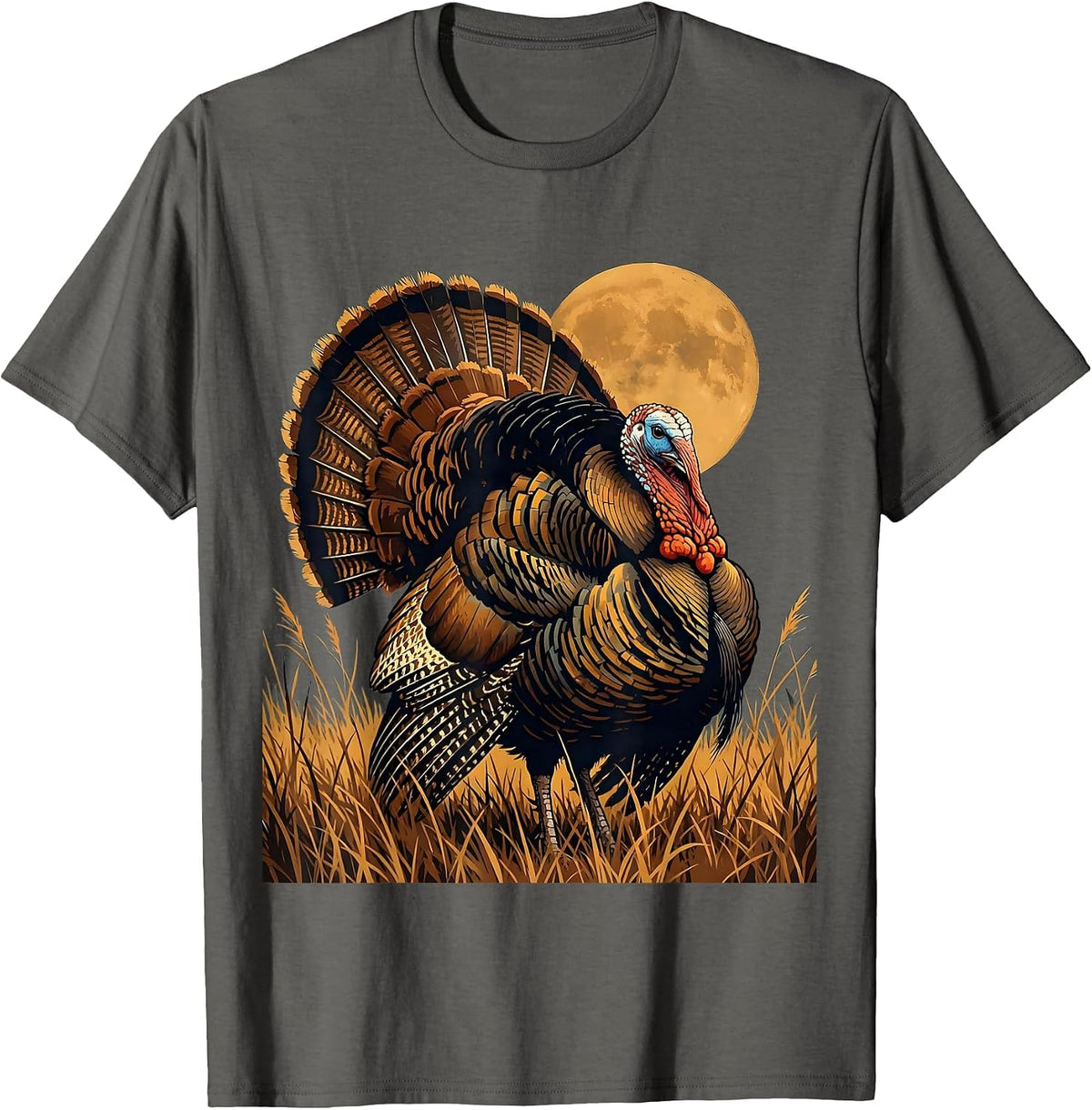 Wild Turkey Strutting Through Tall Grass Fall Art T-Shirt - Asphalt Grey