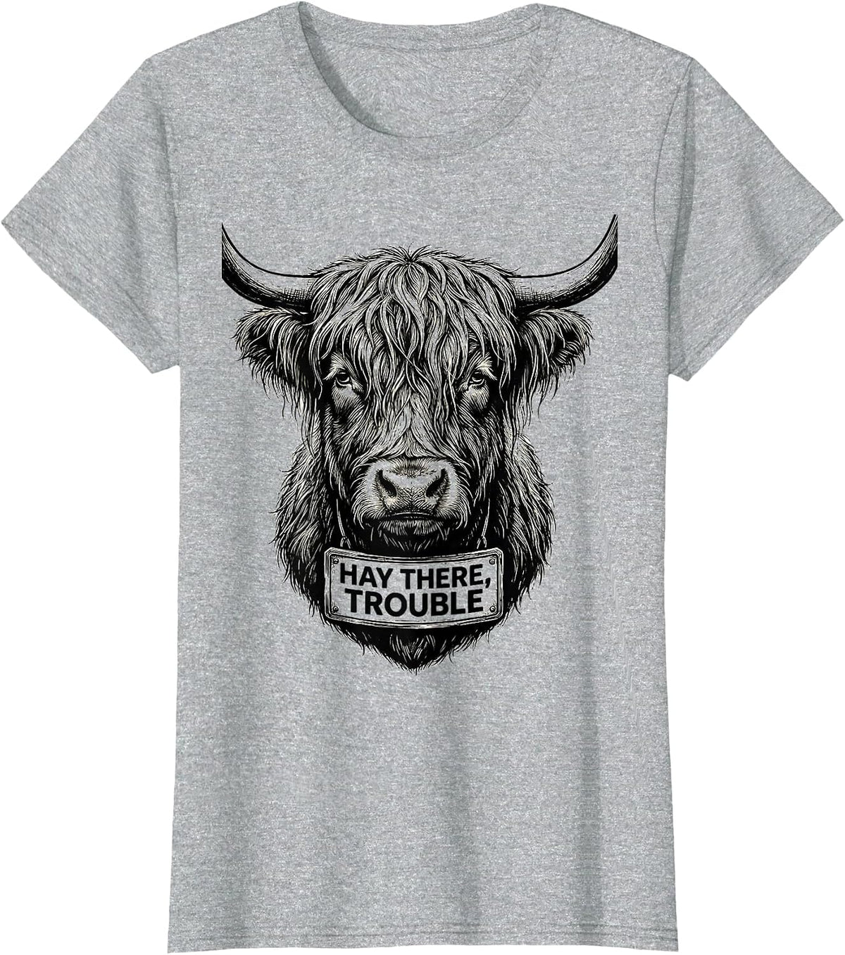 Hay There, Trouble Funny Highland Cow Farm Humor T-Shirt - Heather Grey