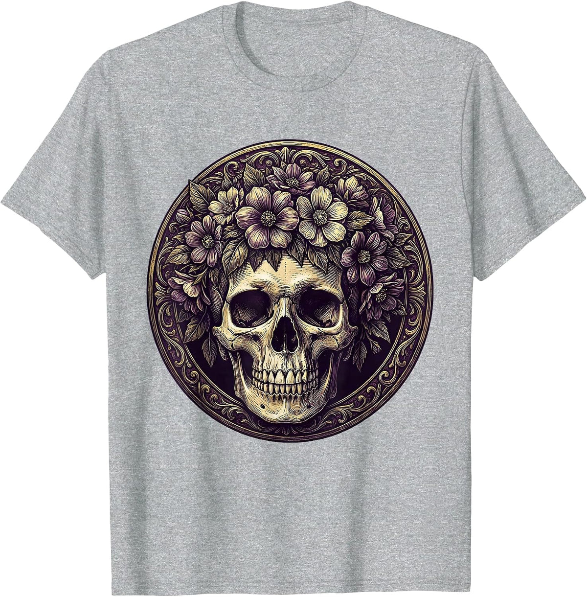 Men's Mardi Gras Skull Floral Crown Purple Gold T-Shirt - Heather Grey