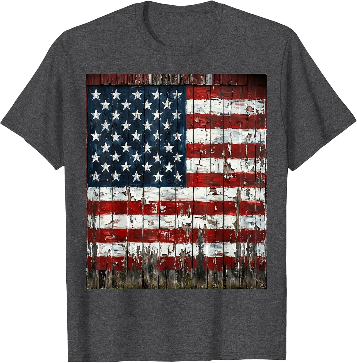 Men's USA Flag Weathered Barn Rustic Patriotic Design T-Shirt - Dark Heather Grey
