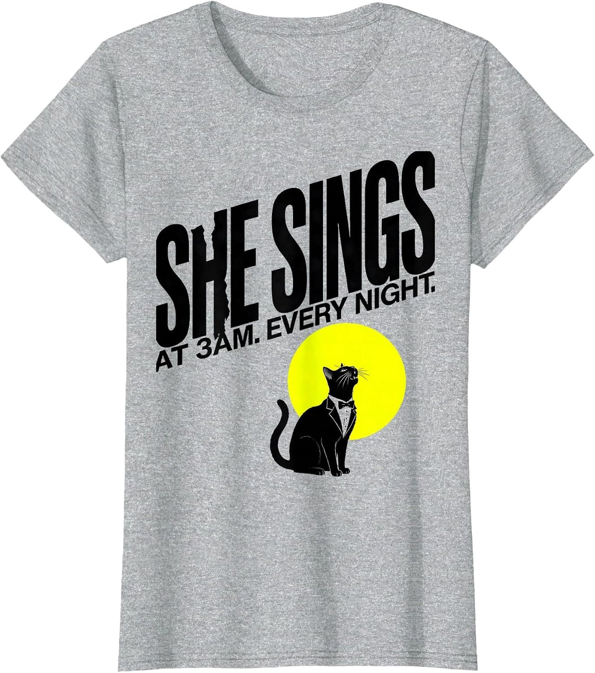 She Sings At 3AM Every Night Tuxedo Cat Howling At Moon 90s T-Shirt - Heather Grey