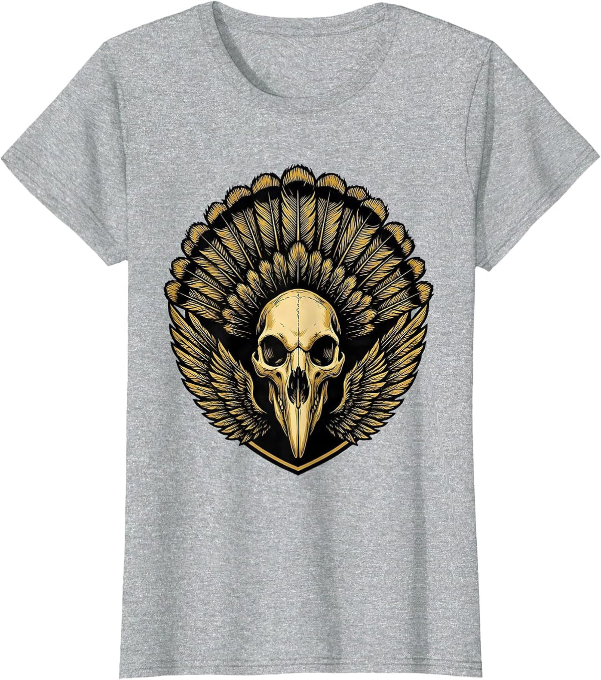 Turkey Skull with Feather Headdress Illustration T-Shirt - Heather Grey