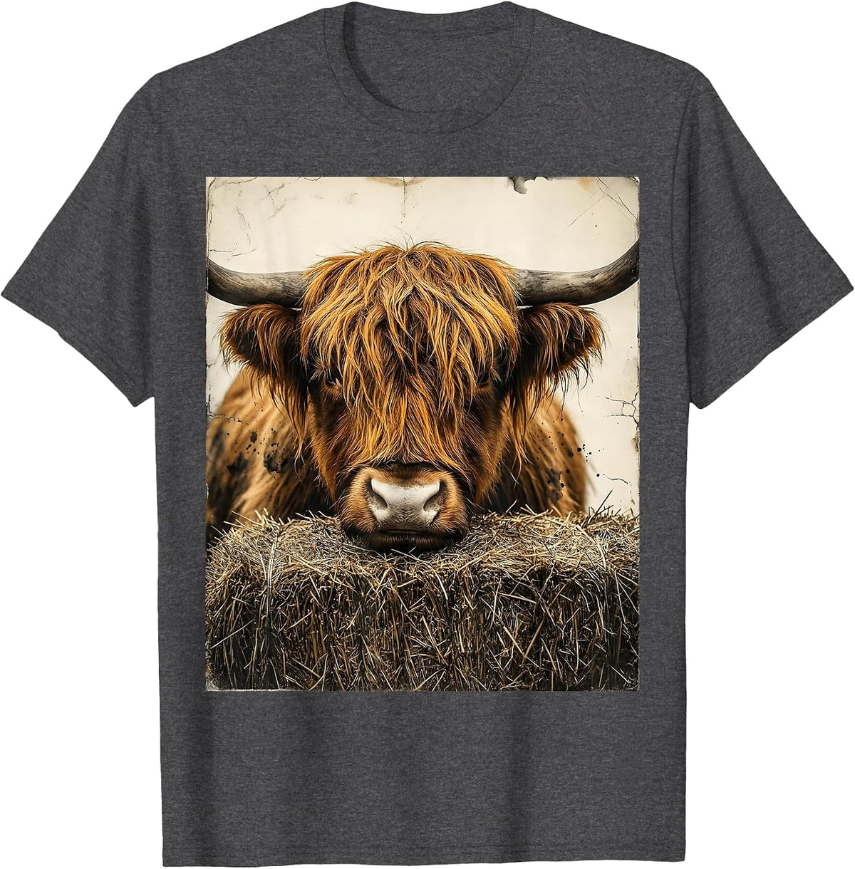 Shaggy Highland Cow Distressed Farm Animal Humor T-Shirt - Dark Heather Grey