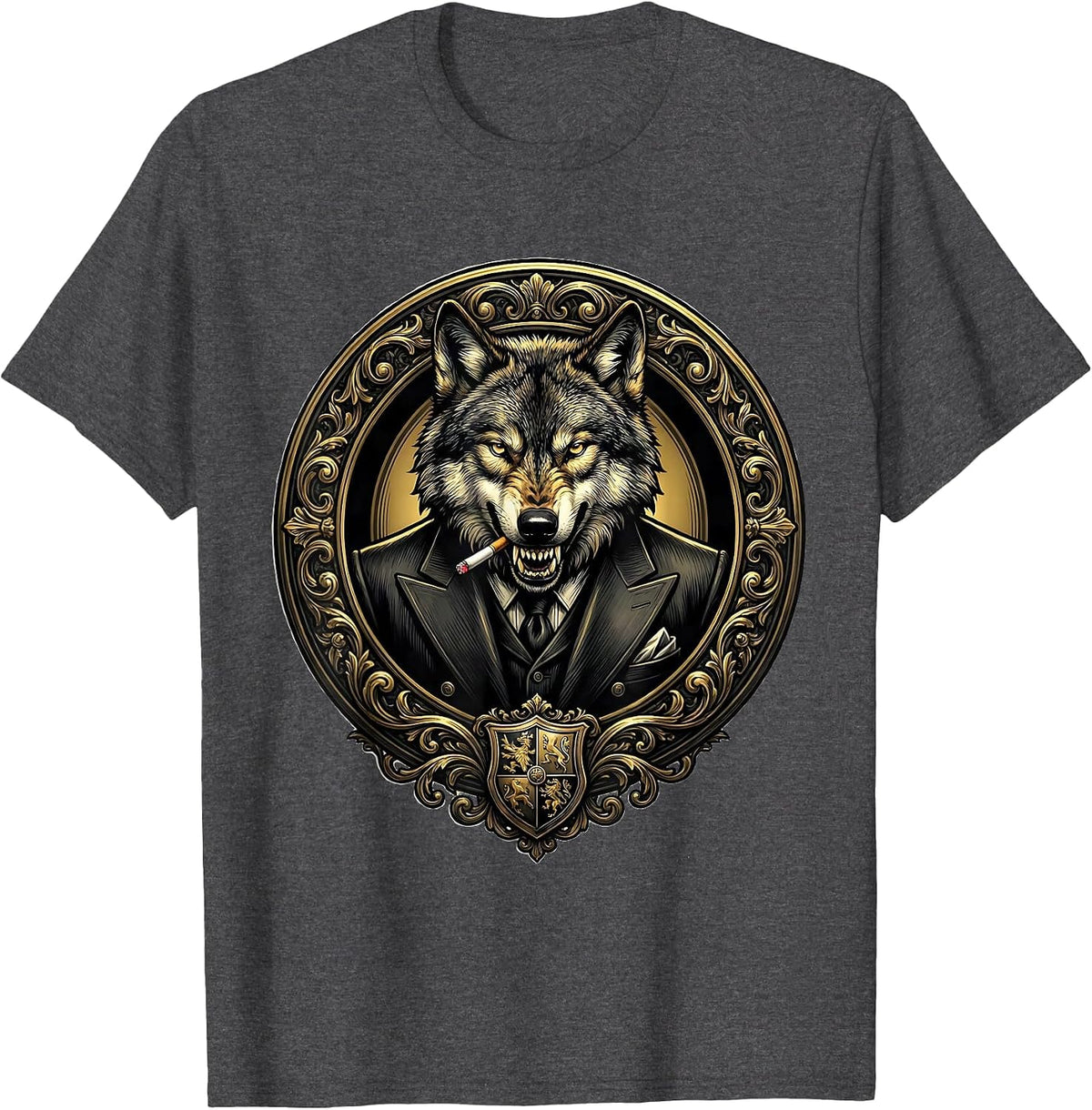 Men's Italian Brainrot Wolf in Designer Suit Smoking T-Shirt - Dark Heather Grey