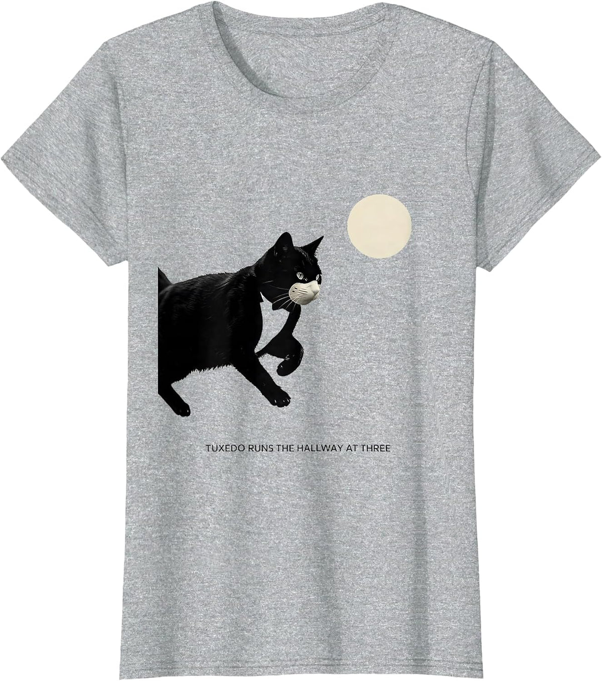 Women's Tuxedo Runs the Hallway at Three Minimalist 90s Retro Cat T-Shirt - Heather Grey
