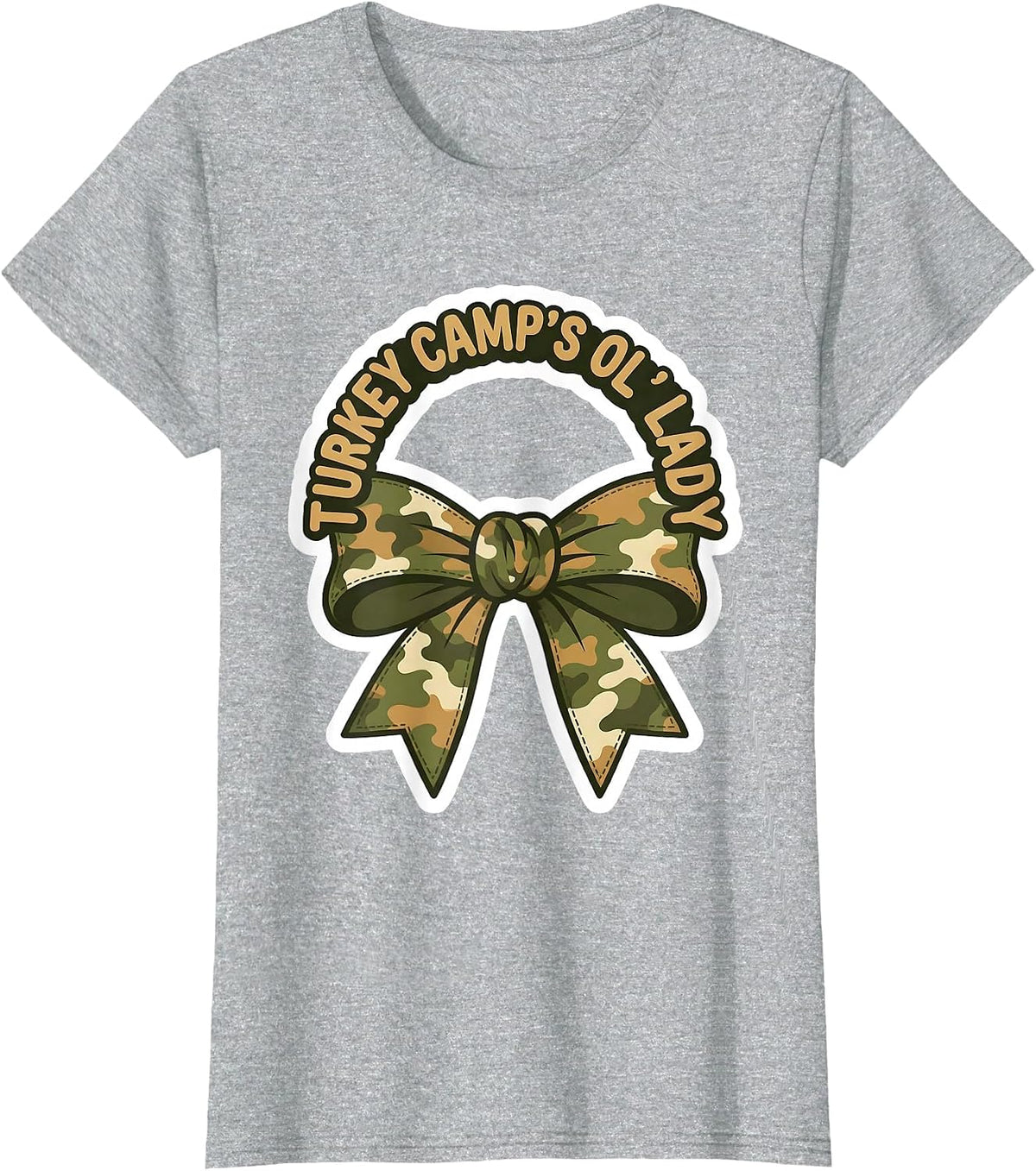 Turkey Camp's Ol' Lady Camo Bow Hunting Coquette T-Shirt - Heather Grey