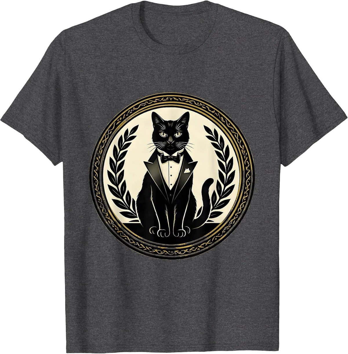 Regal Cat in Tuxedo Illustration T-Shirt - Dark Heather Grey