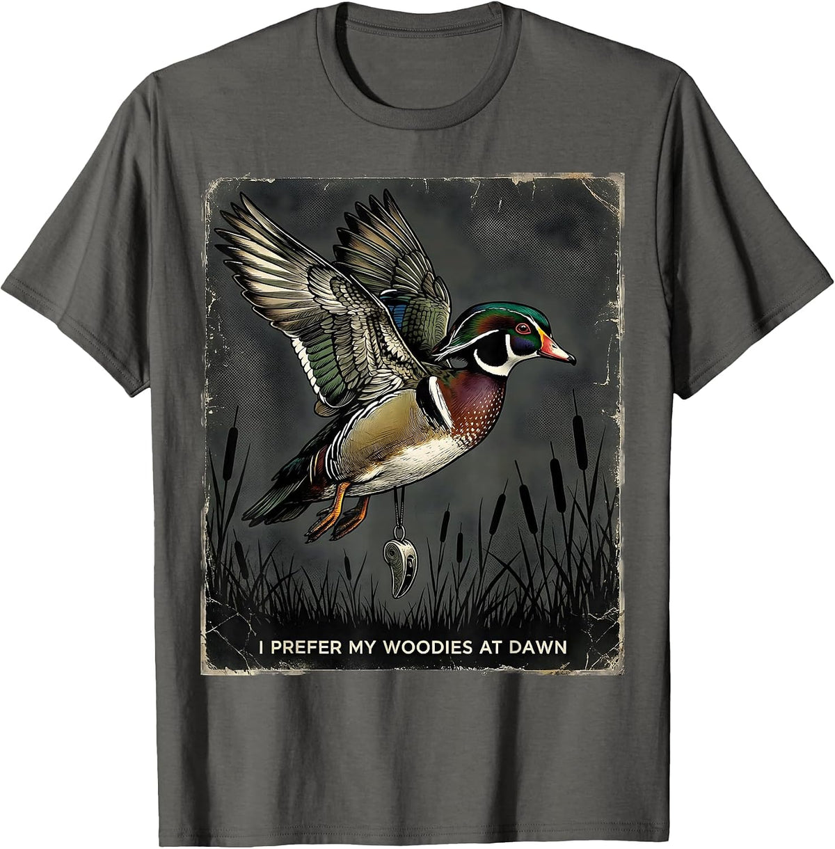 Men's I Prefer My Woodies At Dawn Distressed Duck Hunter Humor T-Shirt - Asphalt Grey