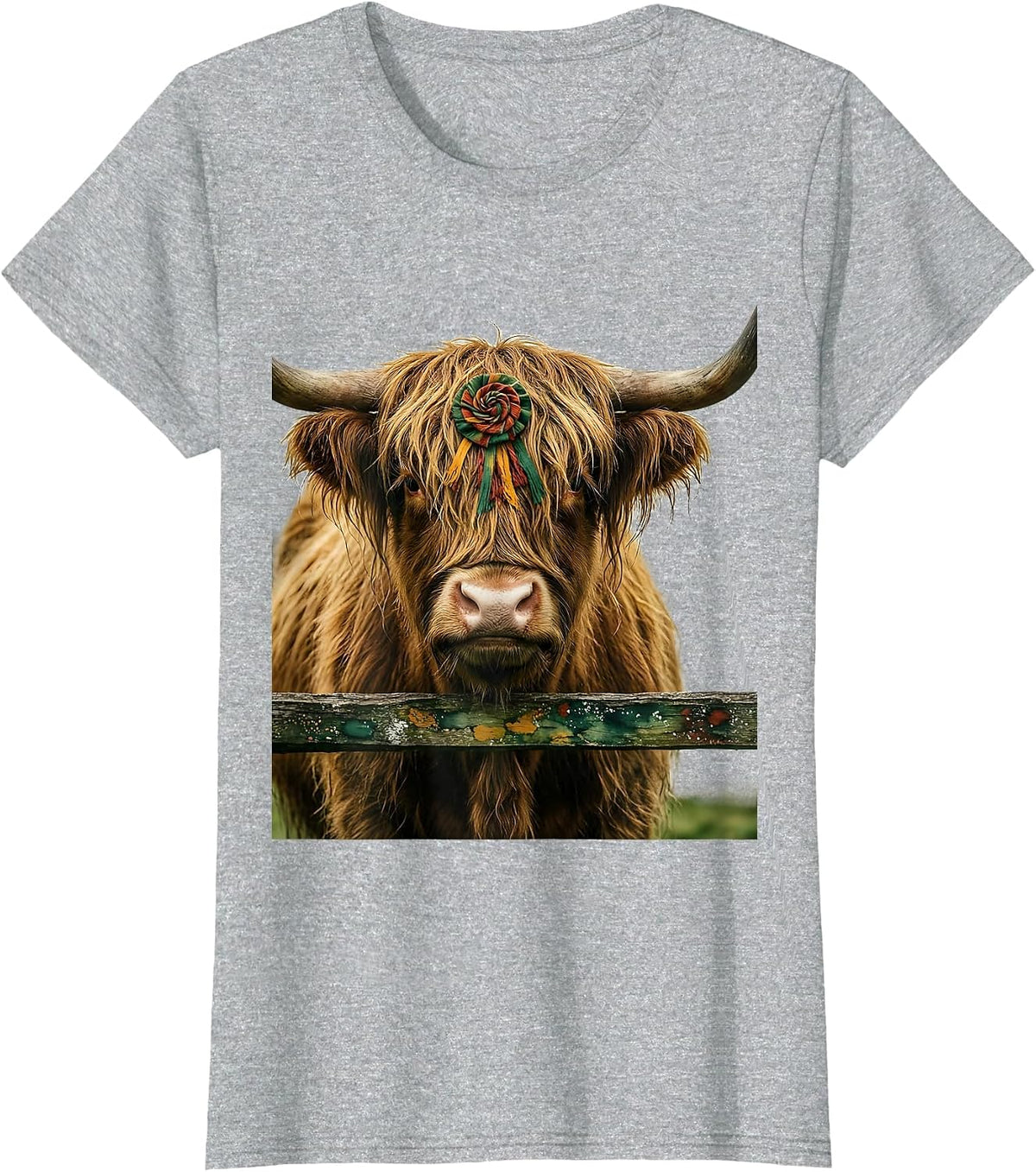Highland Cow Folk Art Farm Animal Humor T-Shirt - Heather Grey