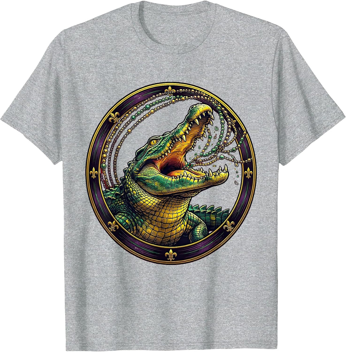 Men's Mardi Gras Alligator Catching Beads Illustration T-Shirt - Heather Grey