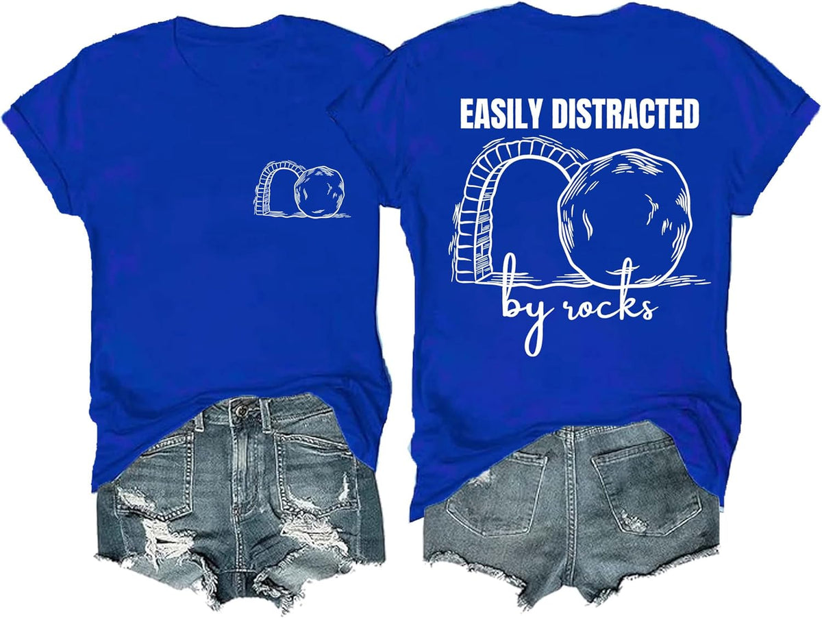 Easily Distracted by Rocks Shirt, Funny Geology Easily Distracted by Rocks T-Shirt V Neck Casual Tees Unisex - Crewneck