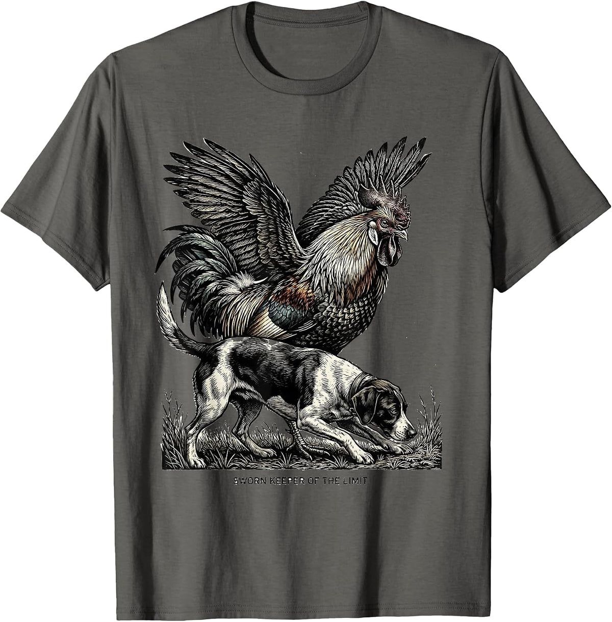 Men's Sworn Keeper Of The Limit Woodcut Engraving Pheasant Hunter T-Shirt - Asphalt Grey