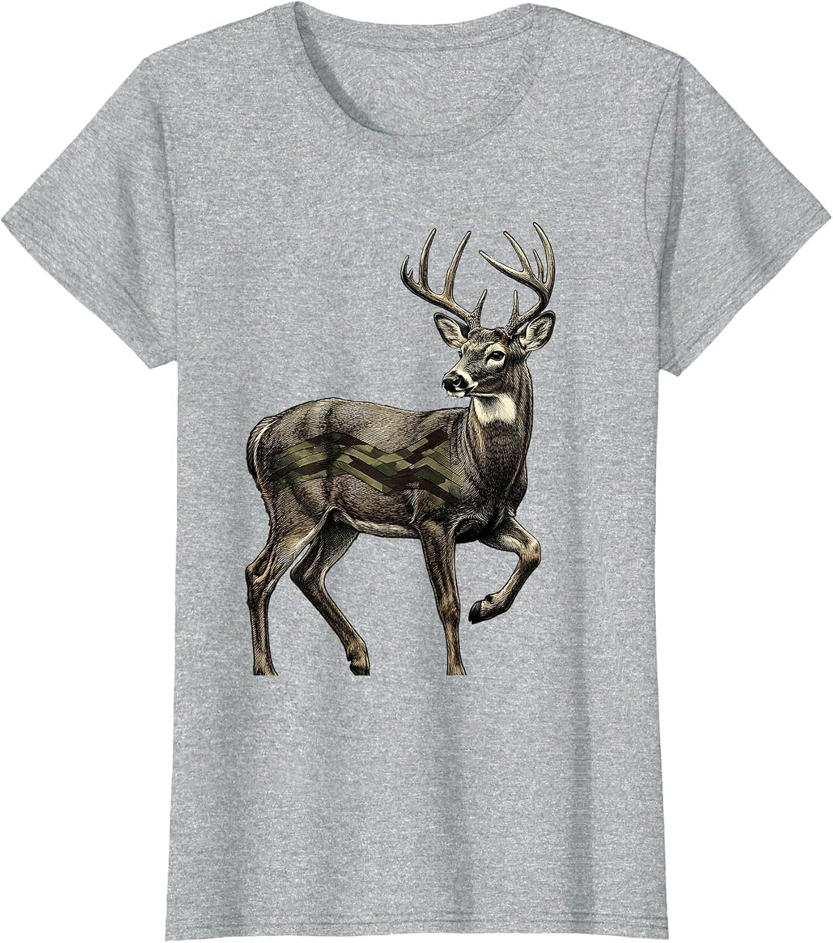Alert Whitetail Buck Crosshatch Etching Hunting Pride T-Shirt - Heather Grey