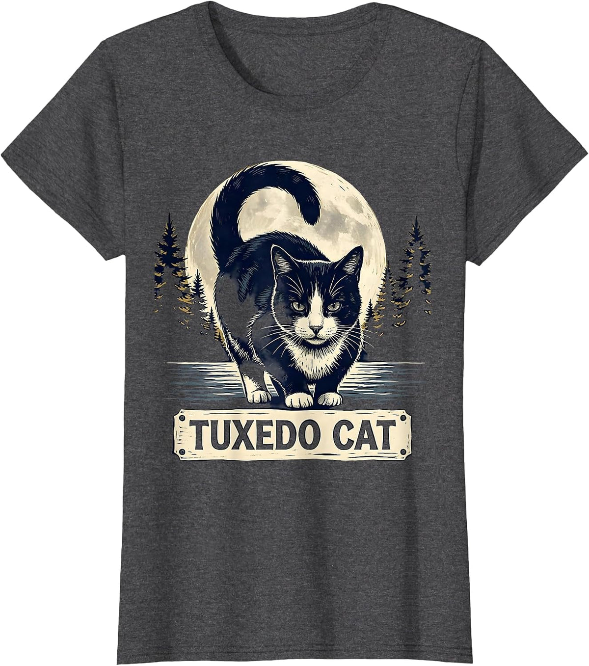 Women's Tuxedo Cat Linocut 90s Retro Moonlit Portrait T-Shirt - Dark Heather Grey