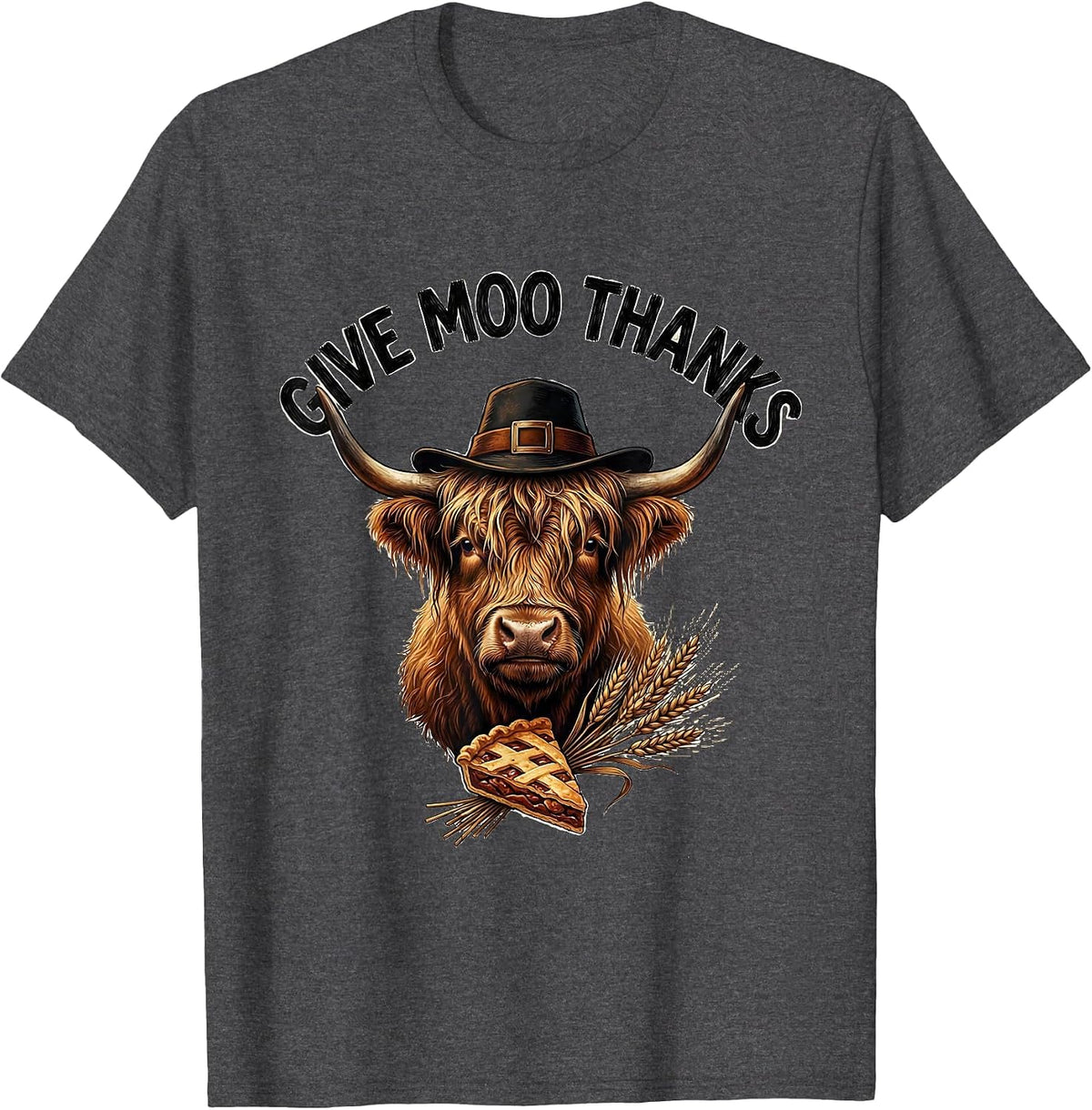 Give Moo Thanks Funny Highland Cow Holiday Humor T-Shirt - Dark Heather Grey