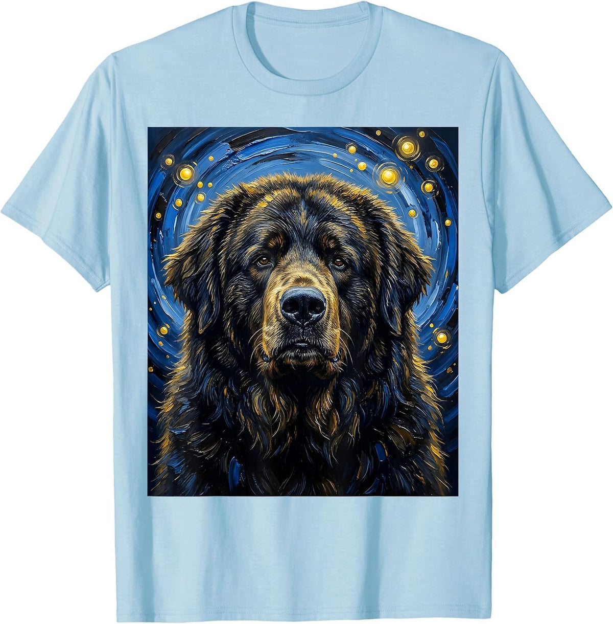 Men's Newfoundland Dog Van Gogh Style Starry Night Portrait T-Shirt - Baby Blue