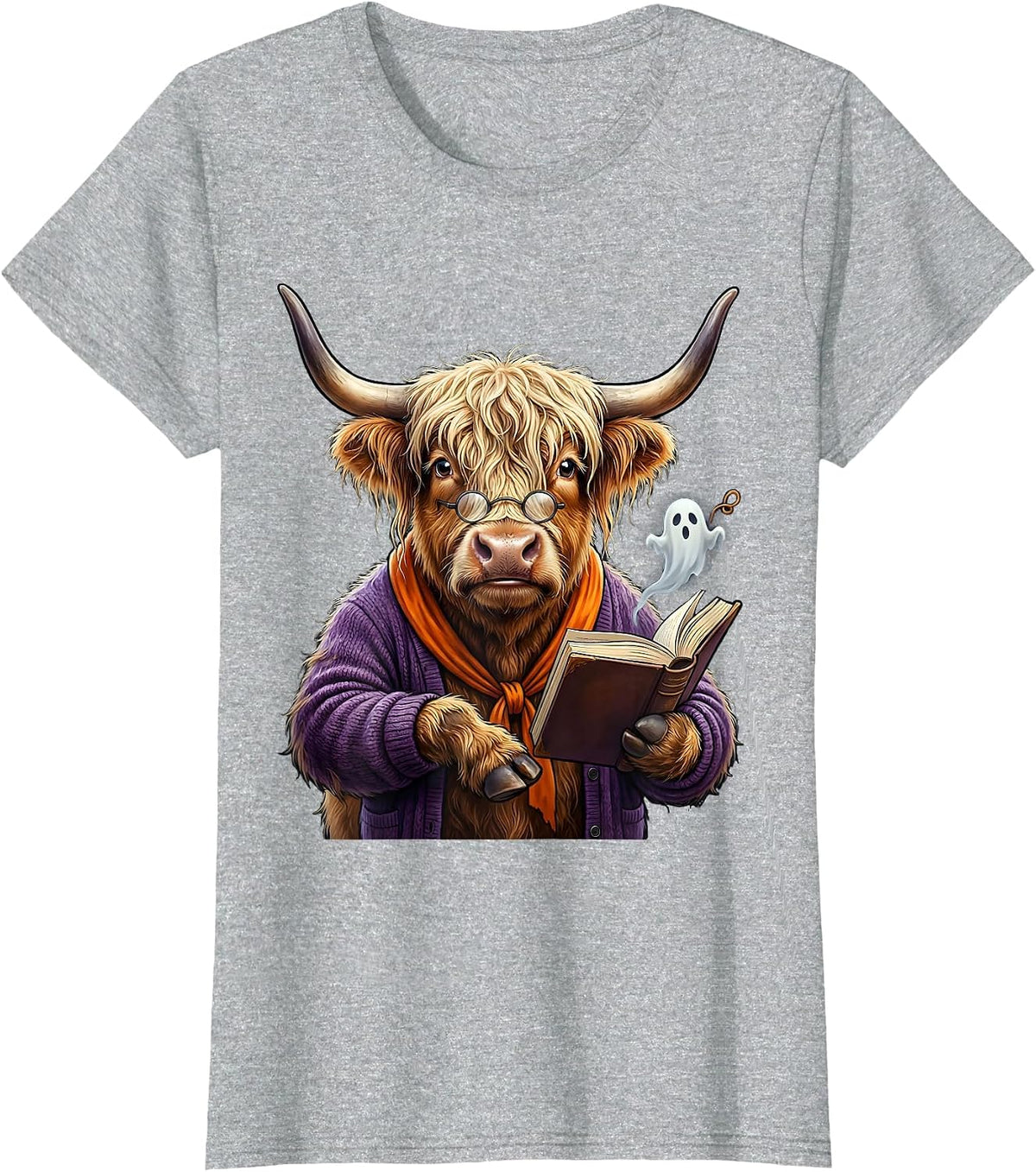 Women's Shaggy Highland Cow Haunted Librarian Halloween Humor T-Shirt - Heather Grey