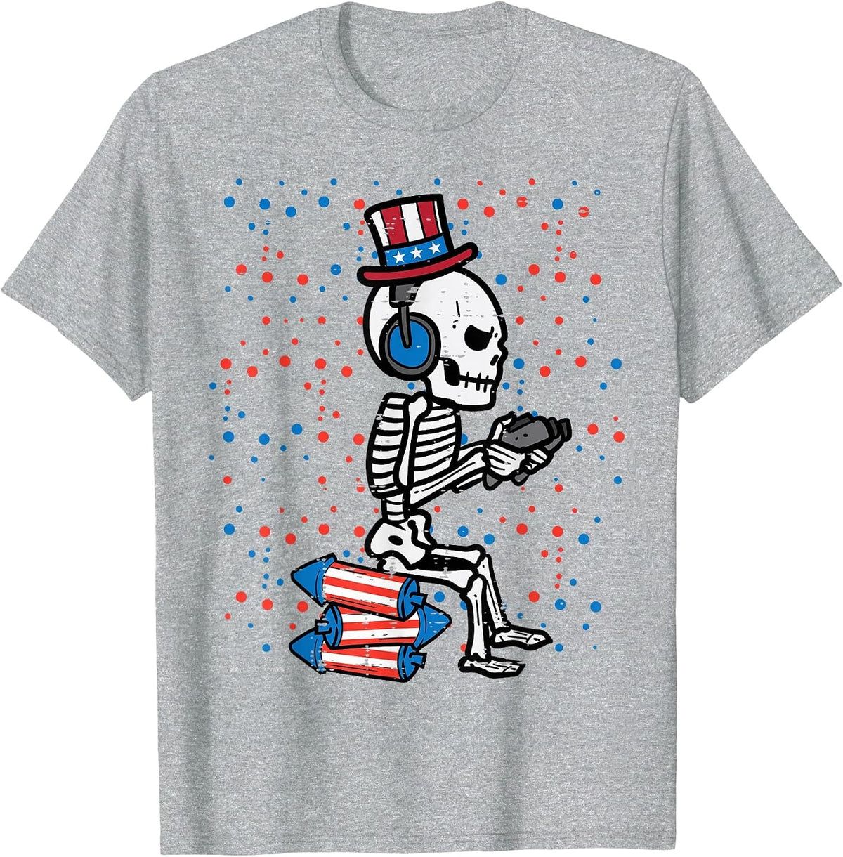 4th of July Skeleton Gamer Funny America Boys Kids Men Teen T-Shirt - Heather Grey