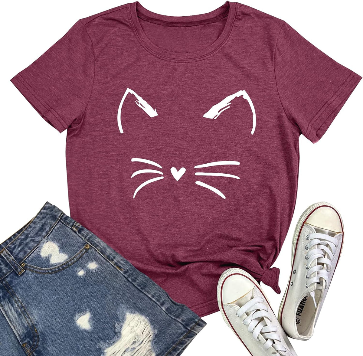 BLACKOO Women Cat Graphic Tee Cute T-Shirts - Wine Red