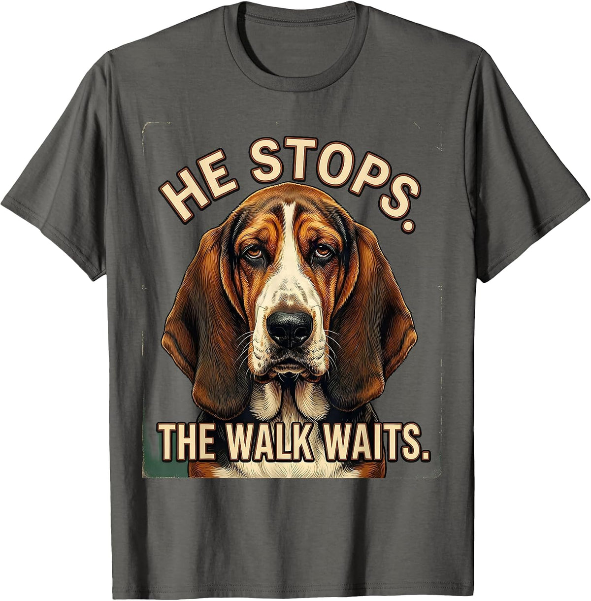 Men's He Stops The Walk Waits Vintage Funny Basset Hound Owner T-Shirt - Asphalt Grey