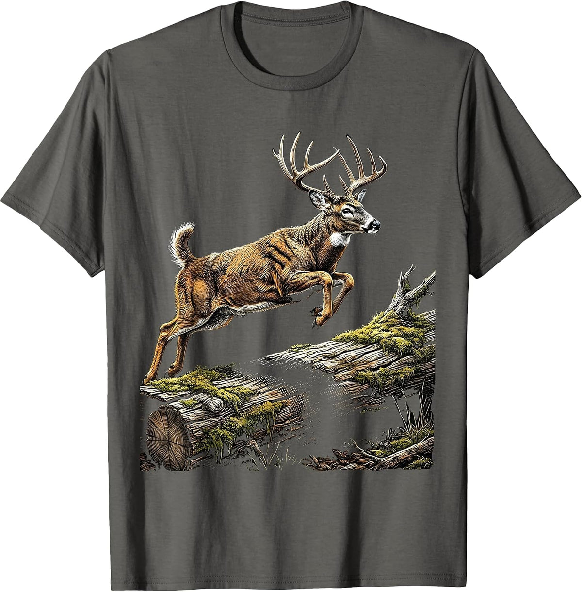 Whitetail Buck Leaping Over Fallen Log Design T-Shirt - Asphalt Grey