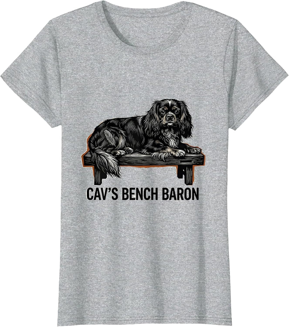 Cav's Bench Baron Linocut Cavalier King Charles Spaniel T-Shirt - Heather Grey